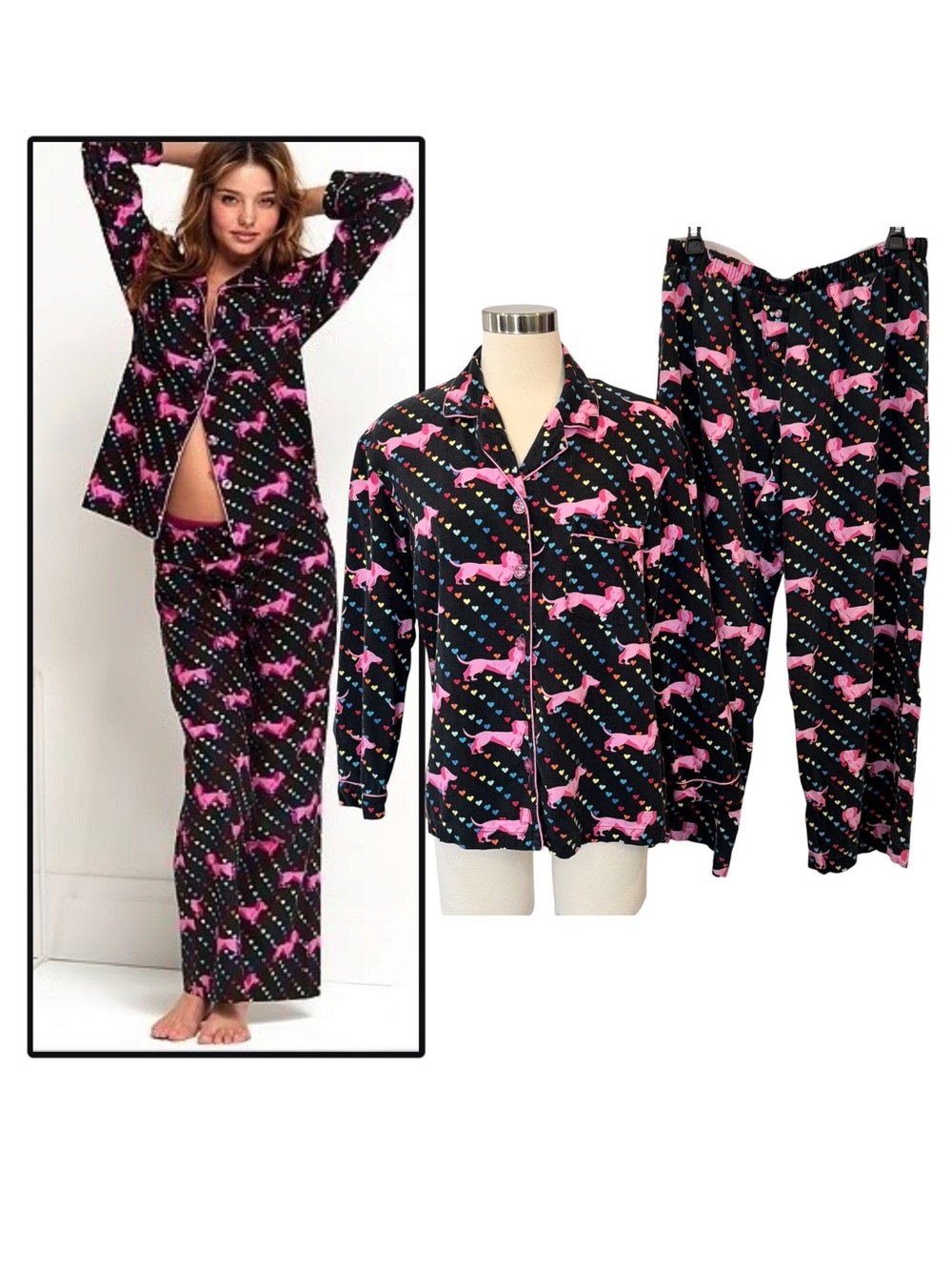 2007 Victoria’s Secret RARE Dachshund Flannel Candy Print Pajamas Top 2 PC Set M